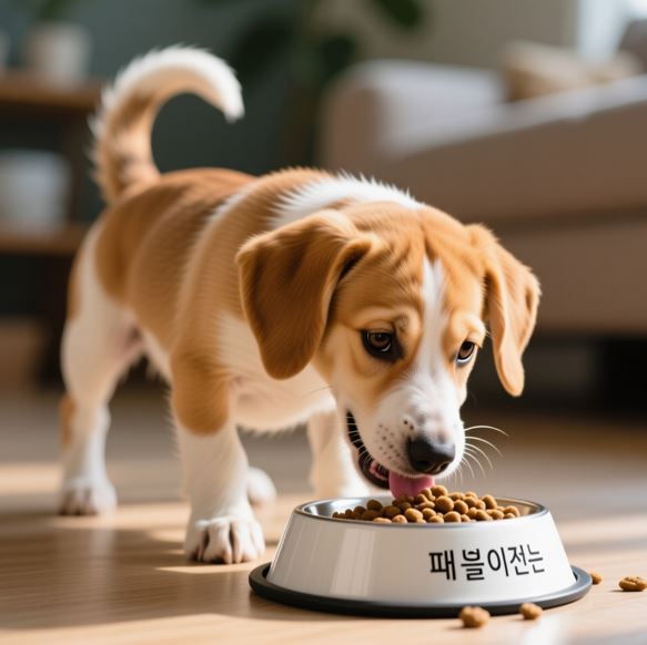 사료를 열심히 먹고 있는 강아지 모습