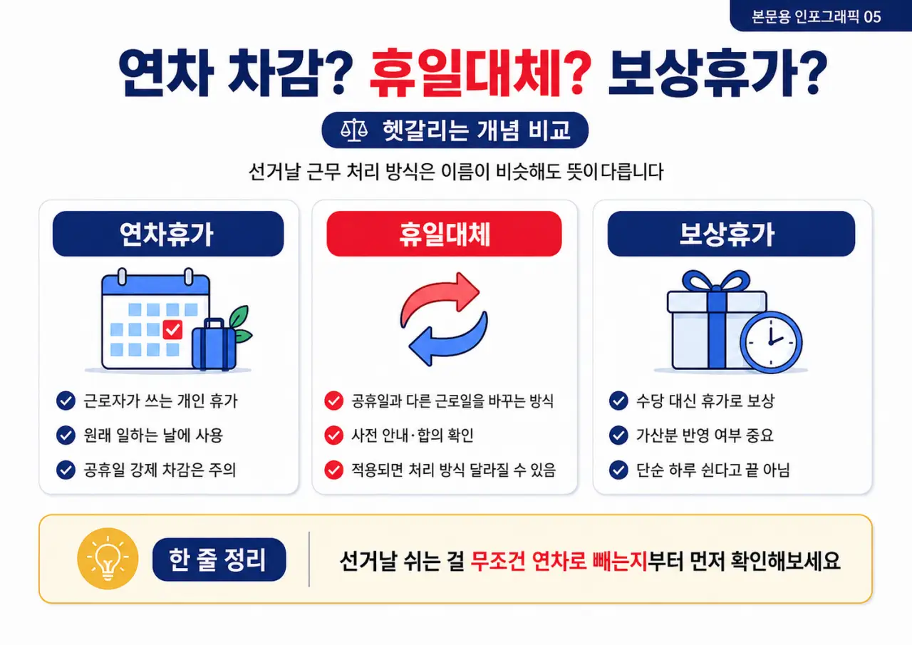 연차 차감 휴일대체 보상휴가 차이 선거날 근무 처리 방식 비교 인포그래픽