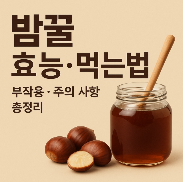밤꿀 효능과 먹는법, 부작용 및 주의 사항을 설명하는 대표 이미지로, 건강 관리와 섭취 가이드를 강조합니다.