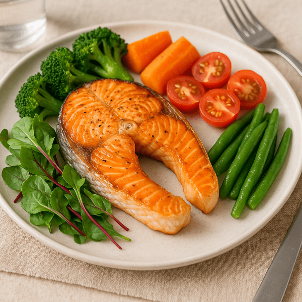 가니쉬로 브로콜리, 당근,방울토마토와 그린빈이 곁들여진 연어스테이크