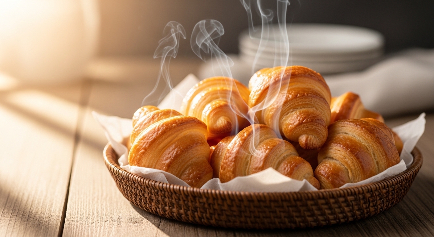결이 선명하게 보이며, 부드러운 아침 햇살이 비치는 고급 베이커리 스타일의 음식 사진.