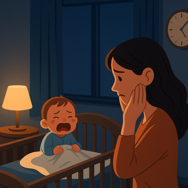 "밤중에 침대에서 우는 아기와, 걱정스러운 얼굴로 바라보는 엄마의 일러스트 – 유아 수면 문제를 상징하는 장면"