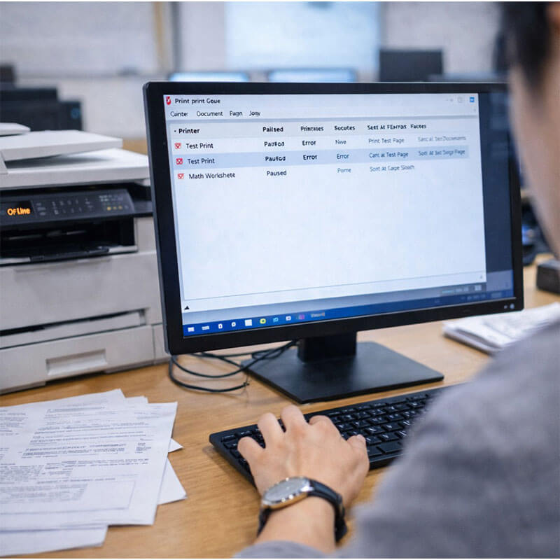 컴퓨터 화면에서 인쇄 대기열을 열어 멈춘 문서 목록을 확인하며 프린터 오류 원인을 점검하는 모습
