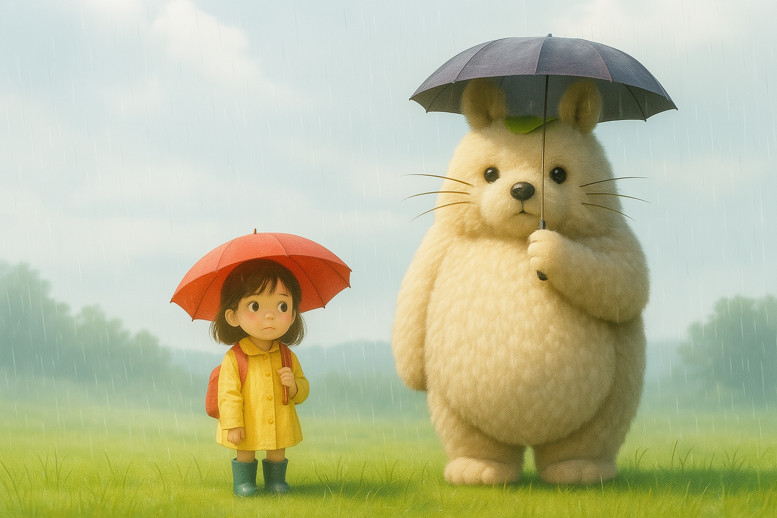 소녀와 토토로를 닮은 곰돌이가 비오는날 우산을 쓰고 서있는 이미지