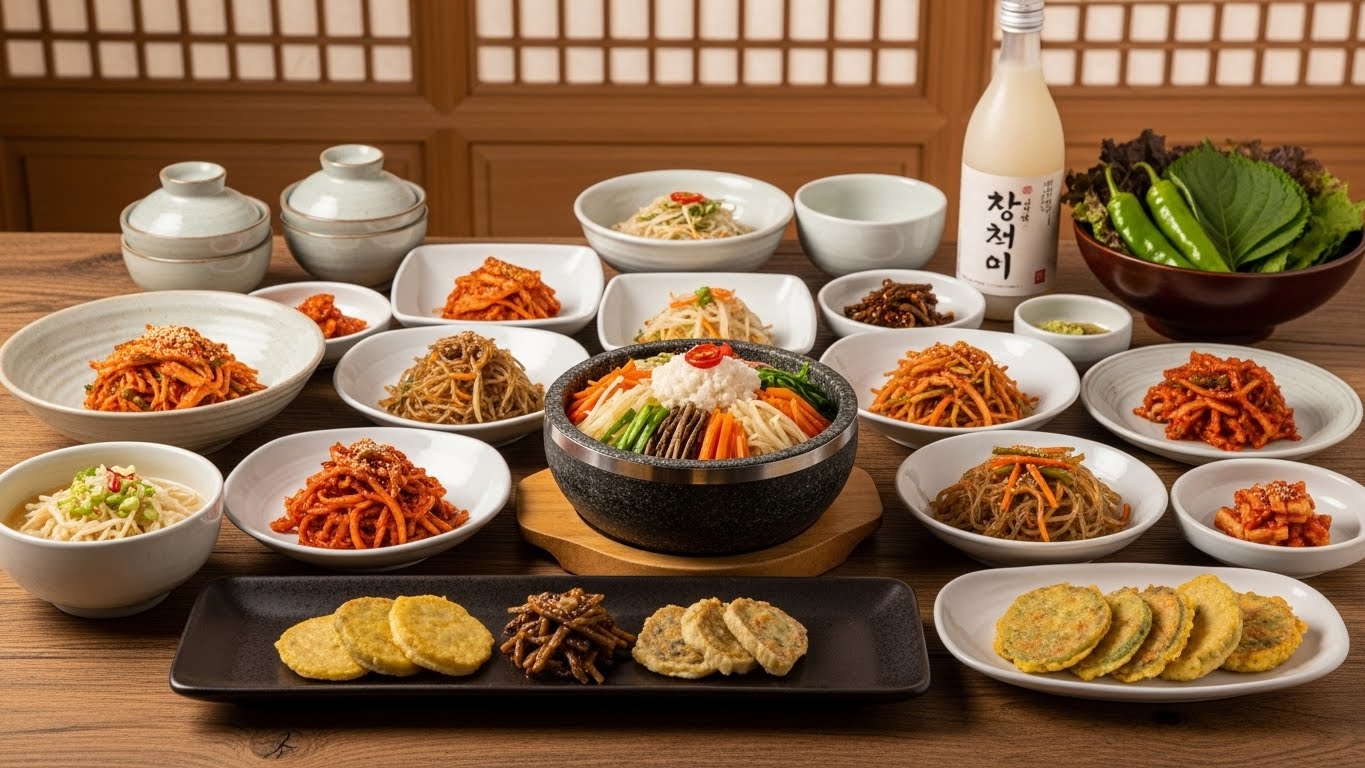 전주 비빔밥을 포함한 남도 특색 음식이 풍성하게 차려진 한식 한 상.