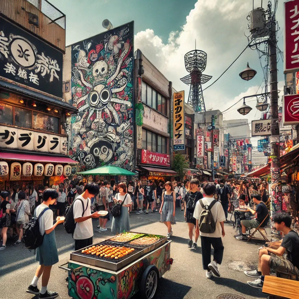 오사카 아메리카무라의 붐비는 거리 풍경&amp;#44; 타코야키 가판대와 젊은이들이 거리를 활기차게 거닐고 있는 모습.