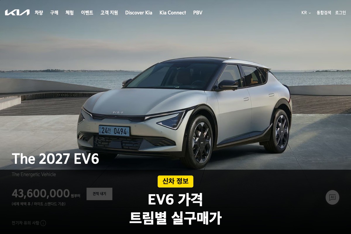 은회색 기아 EV6 주행 모습과 가격 안내 문구