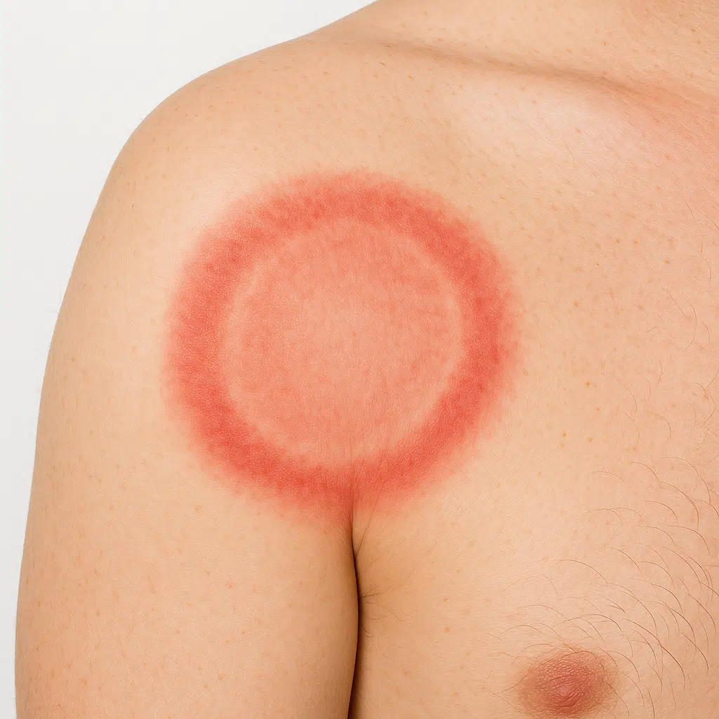 팔이나 가슴 피부에 원형 또는 타원형 붉은 발진이 중심에서 바깥으로 퍼져나가는 모습