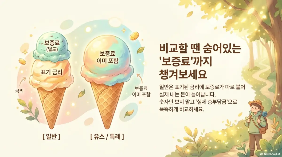 햇살론 대출: 표기 금리 위에 보증료가 별도로 얹힌 아이스크림과 보증료가 이미 포함된 아이스크림을 나란히 그린 일러스트. 햇살론일반은 표기 금리에 보증료가 따로 붙어 실제 부담이 늘고 유스·특례는 보증료가 금리에 포함된다는 차이를 보여 주며 숫자만 보지 말고 실질 총부담으로 비교하라는 점을 시각적으로 전달하며, 블로그의 햇살론 대출조건 비교 주제와 관련된 내용을 설명함