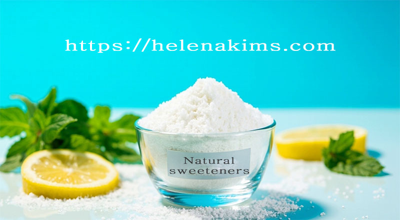 조그마한 유리 볼에 담긴 천연 감미료와 주변에 있는 레몬 슬라이스.