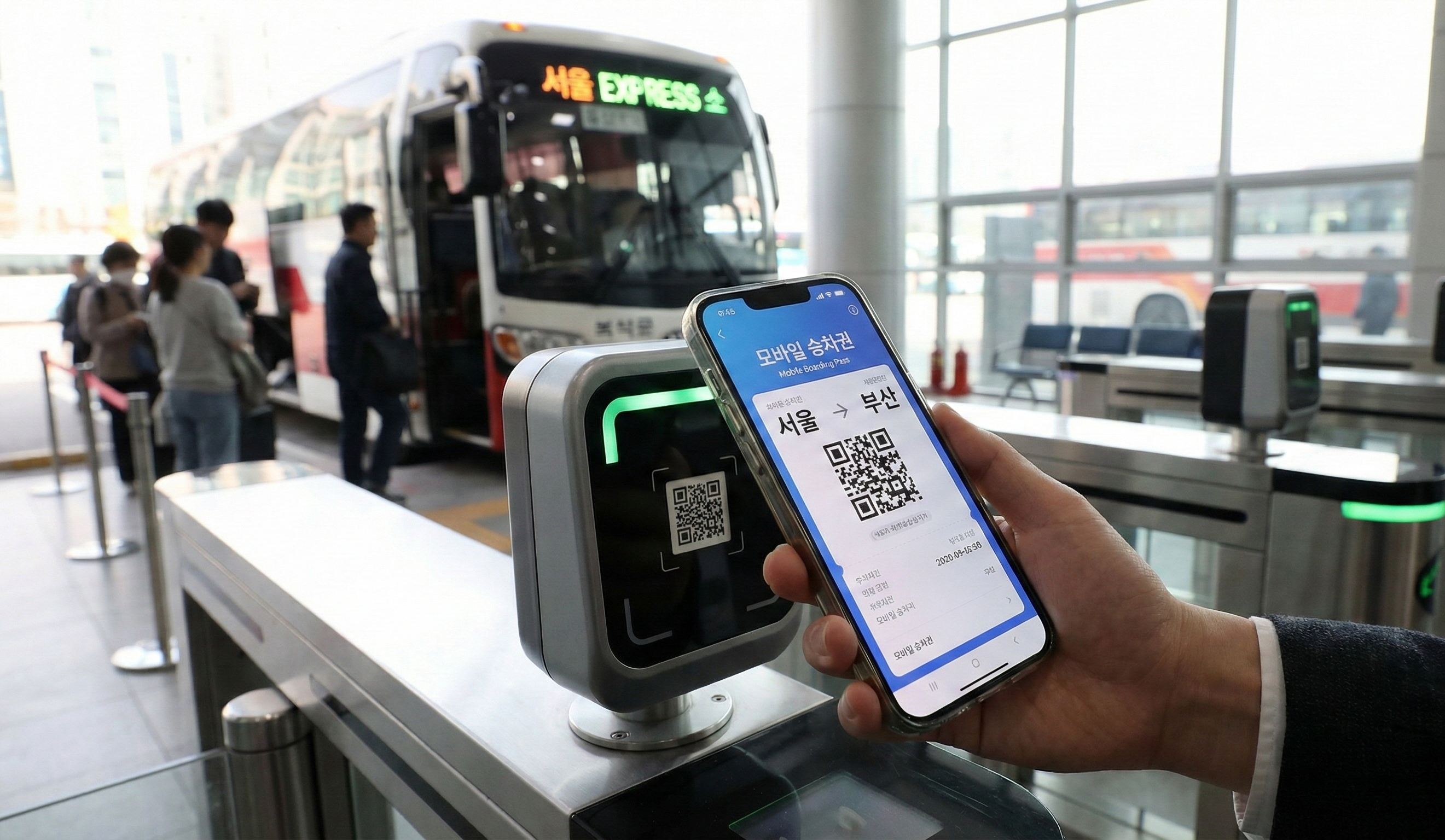버스 탑승구에서 모바일 승차권 QR코드를 스캔하는 모습
