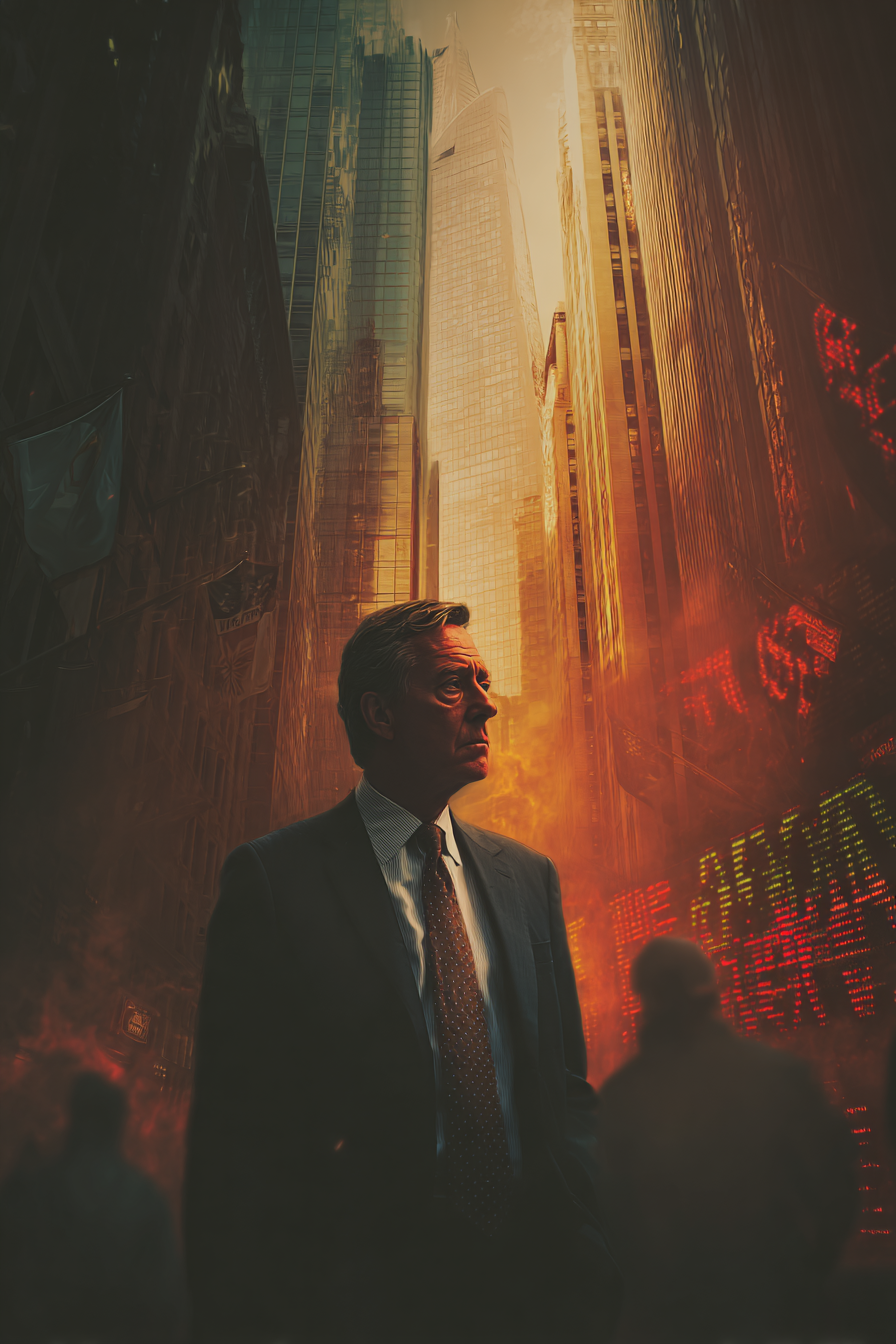 위기 속 정부 인물과 월가를 상징적으로 표현한 장면