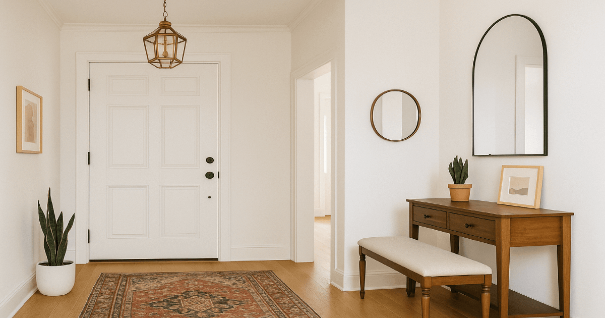 현관 꾸미기 아이디어: 북유럽풍 가구와 식물, 러그로 완성한 세련된 입구 공간 인테리어