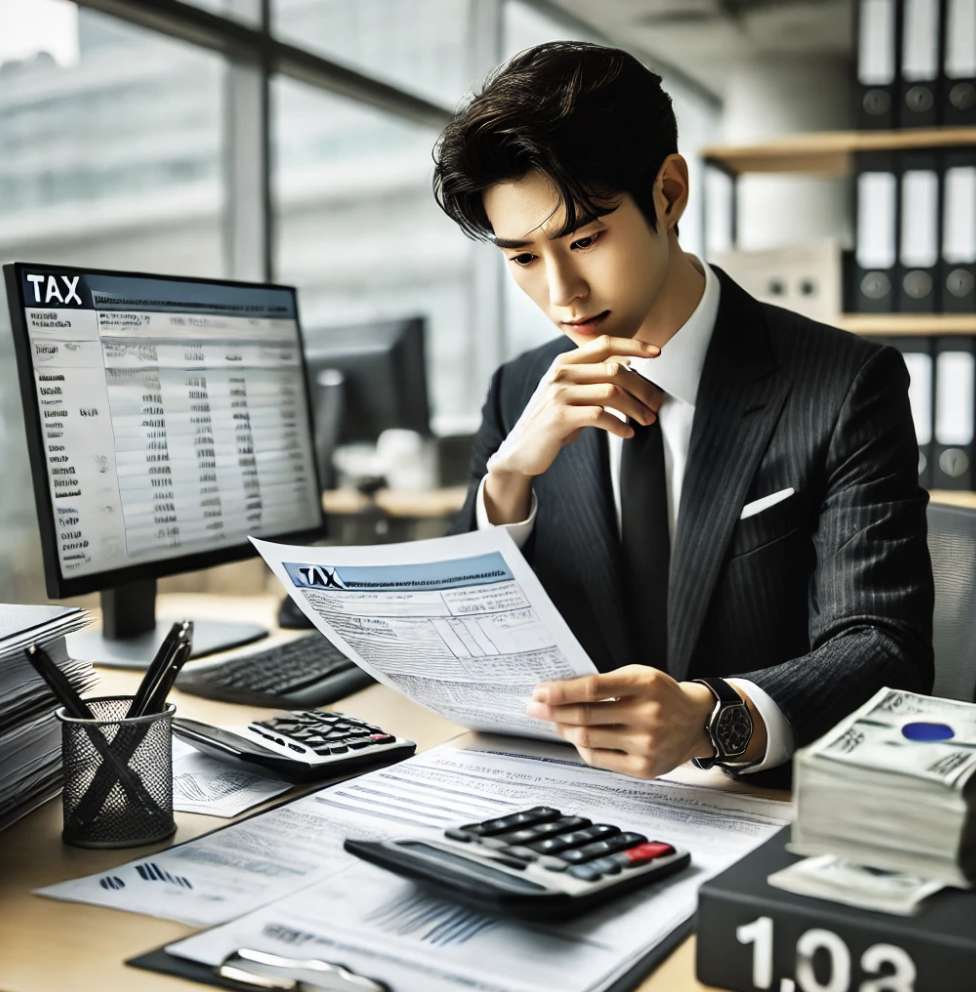 계 감사관이 공익법인의 회계 장부를 검토하며 보고서를 작성하는 장면