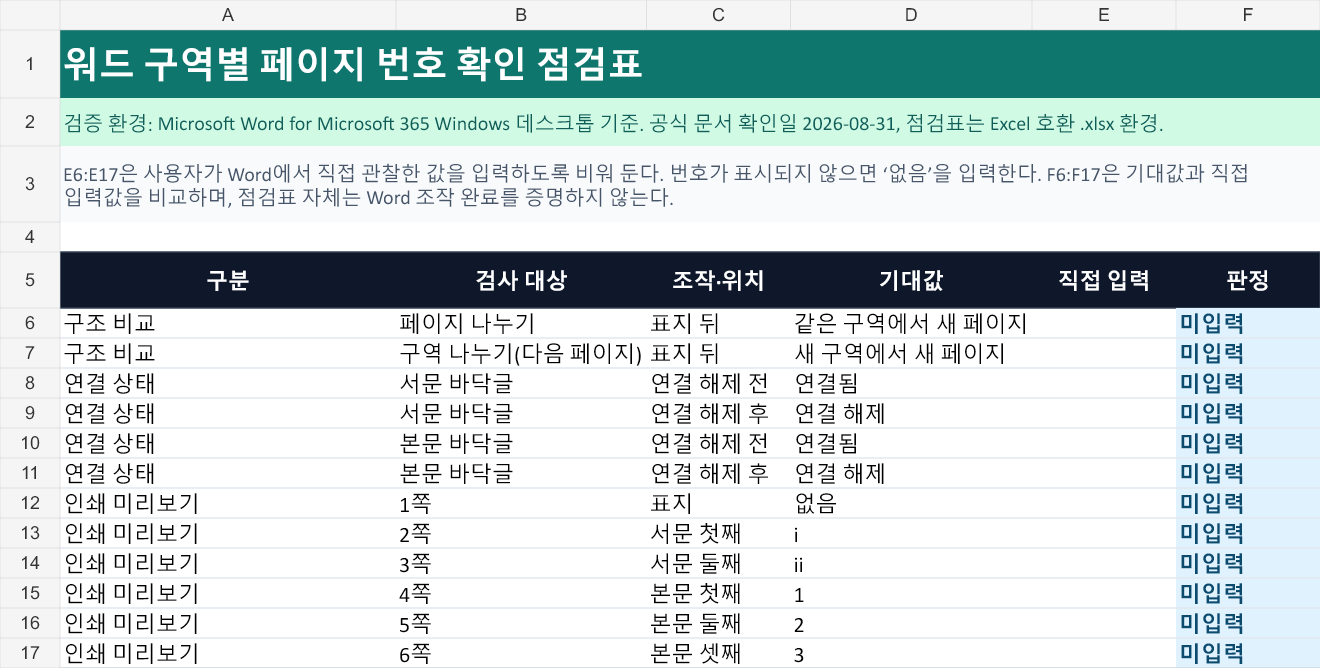실습 점검표: 구조 비교 2건, 연결 상태 4건, 인쇄 미리보기 6건의 기대값과 비어 있는 직접 입력 열, &lsquo;미입력&rsquo; 판정 열