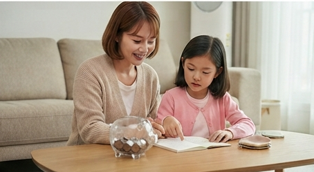 저금통과 용돈기입장을 함께 정리하는 모습