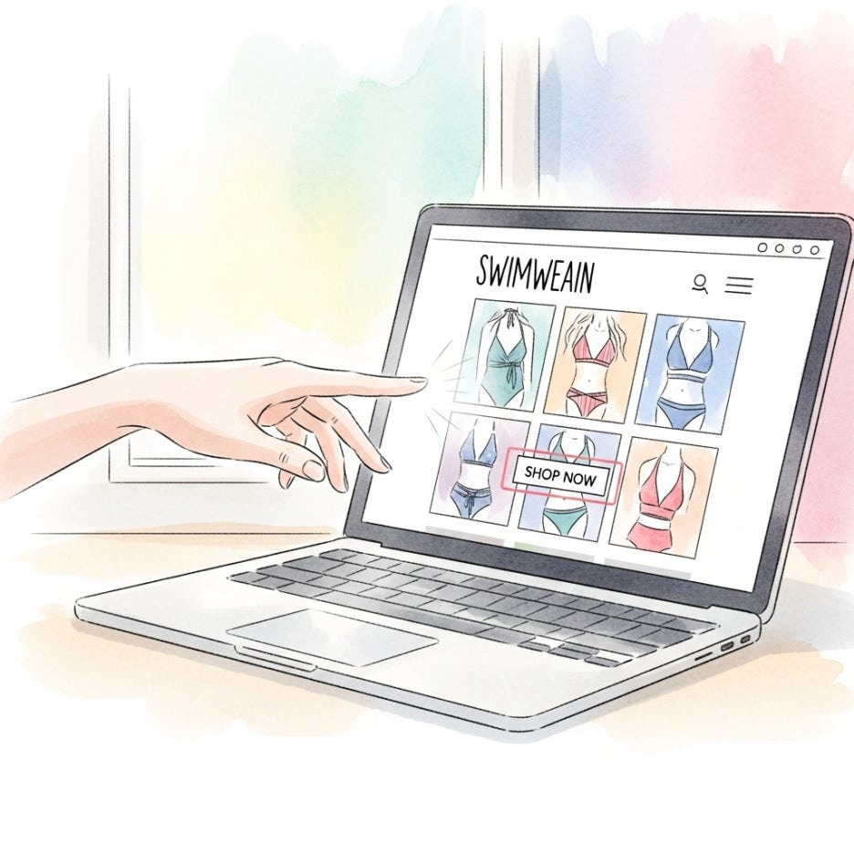 컴퓨터로 수영복 쇼핑을 즐기는 모습의 일러스트