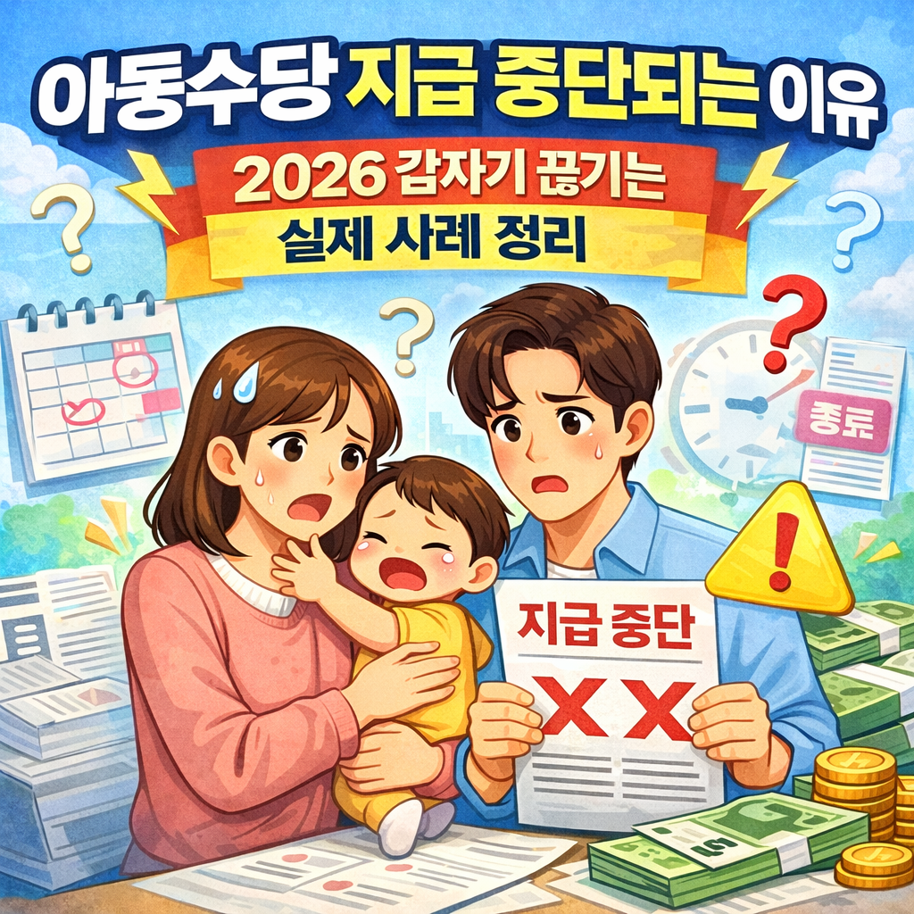 2026년 아동수당 지급 중단되는 이유를 설명하는 부모와 아동 이미지, 실제 중단 사례 정리
