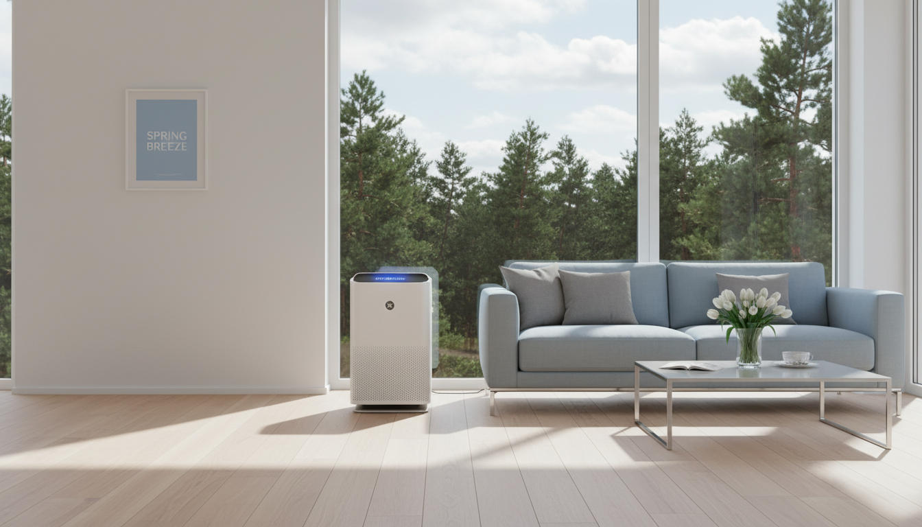 봄철 송화가루를 완벽하게 차단하고 쾌적한 실내 환경을 유지하는 거실과 고성능 헤파필터 공기청정기