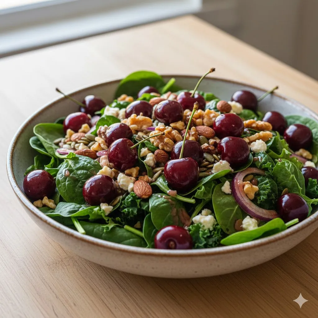 푸른 잎채소&amp;#44; 견과류 등과 함께 체리가 어우러진 신선하고 다채로운 샐러드. 체리가 샐러드에 생기와 맛을 더하는 모습을 강조합니다. 