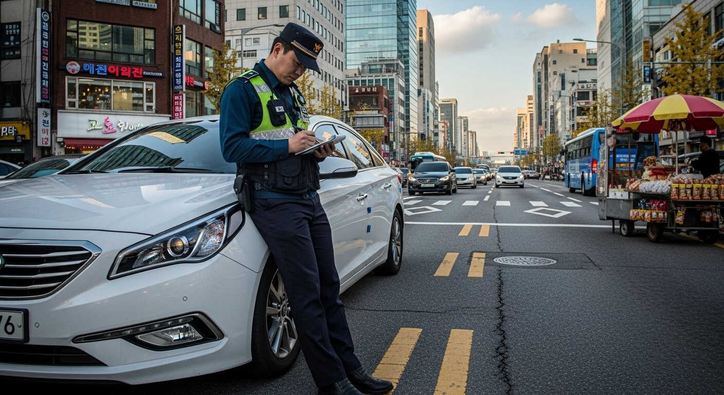 교차로에서 차량에 기대어 문서 작성 중인 교통경찰