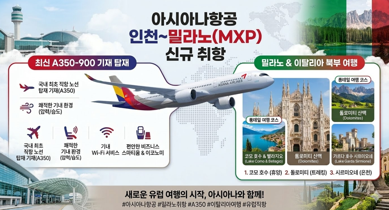 아시아나항공 인천~밀라노(MXP) 신규 취항, A350 운항