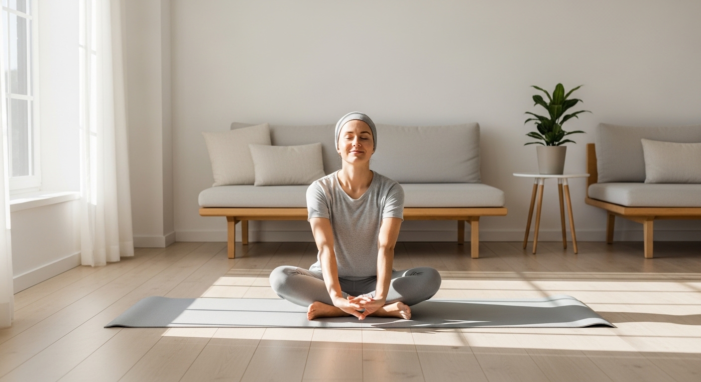 밝고 깔끔한 거실에서 스트레칭하는 사람의 모습, 규칙적인 운동의 중요성을 상징함