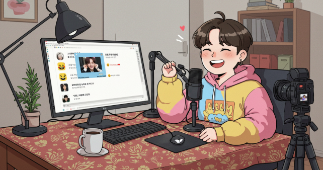 유튜버가 컴퓨터 앞에서 방송하는 사진