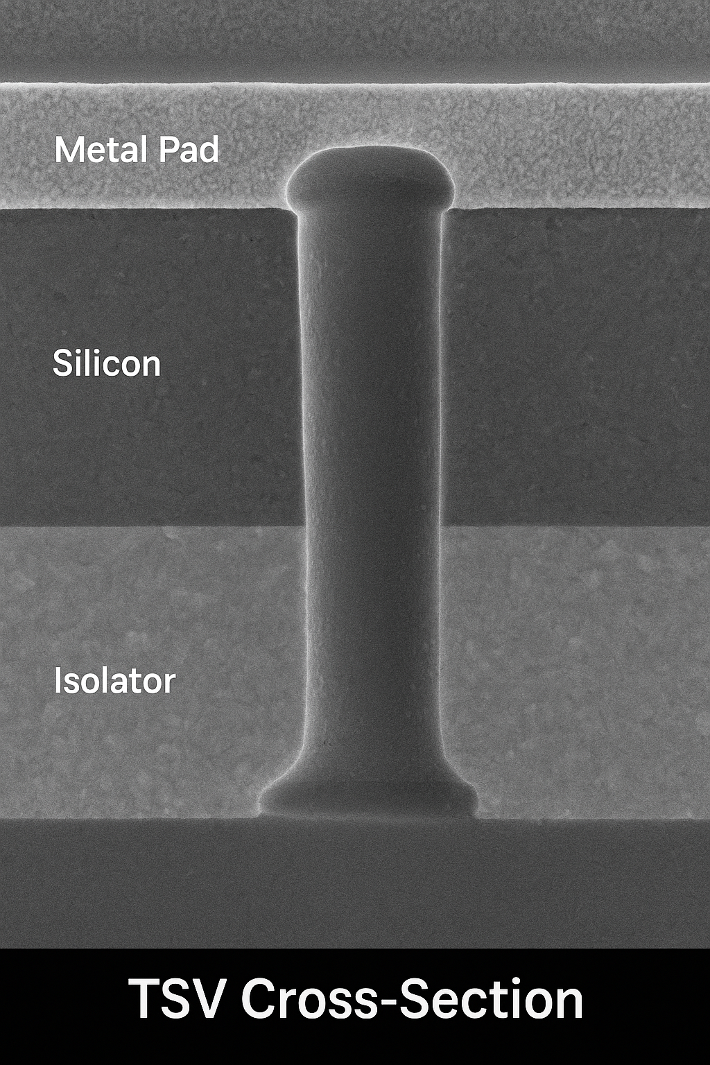 TSV 단면 SEM 이미지 – 금속 패드, 실리콘, 절연층 구조