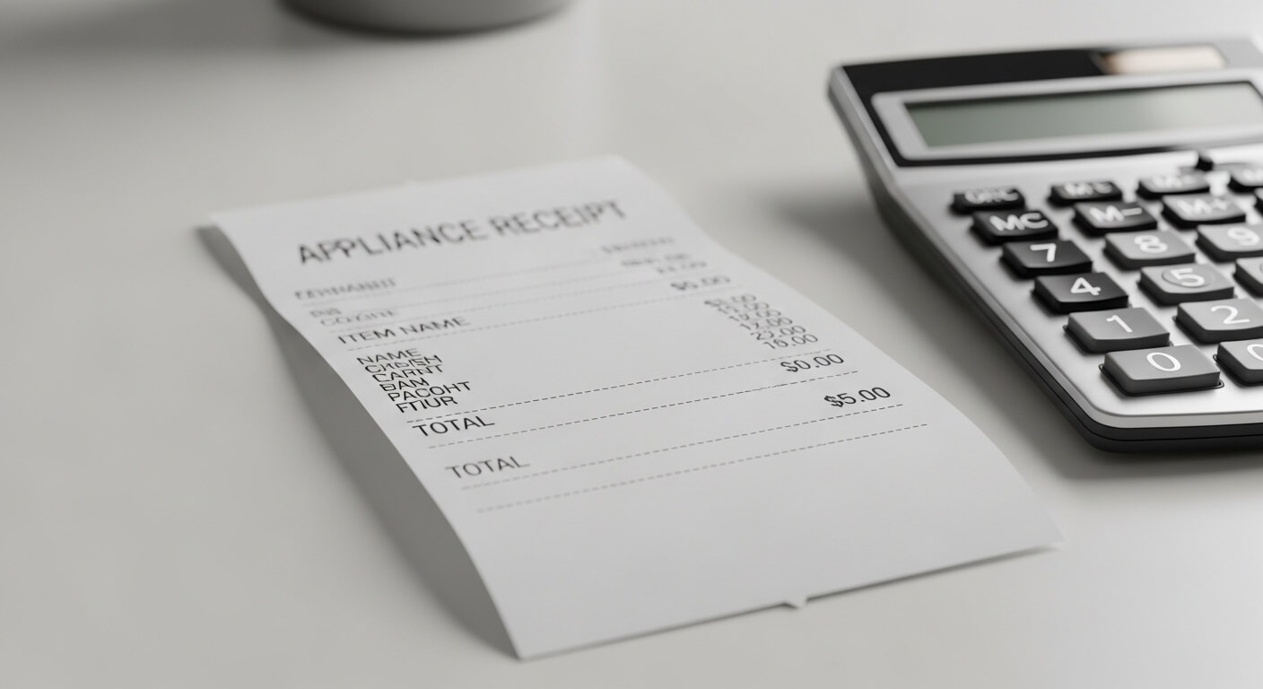 가전제품 영수증과 계산기가 놓인 흰색 책상 위의 모습