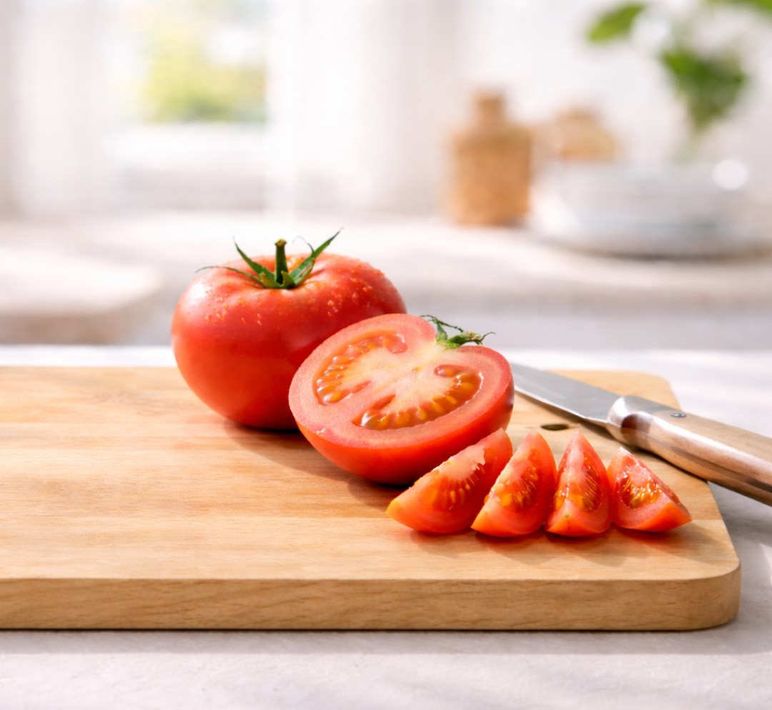 밝은 주방에서 도마 위에 올려진 손질한 토마토 이미지