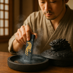 전통 한옥집의 방안에서 벼루 클로즈업. 먹이 갈리며 은은하고 신비로운 안개(취묵의 상태)가 피어오름. 30대 청년 남자의 손이 깊은 집중 속에서 먹을 가는 모습