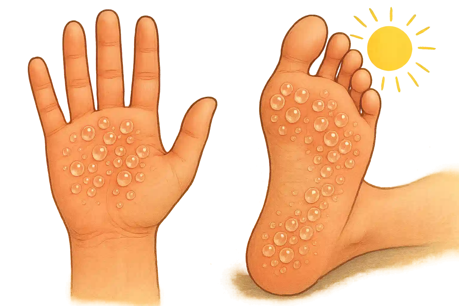 손바닥과 발바닥에 작은 물집이 무리지어 나타난 모습, 여름철 배경을 암시하는 햇빛 아이콘
