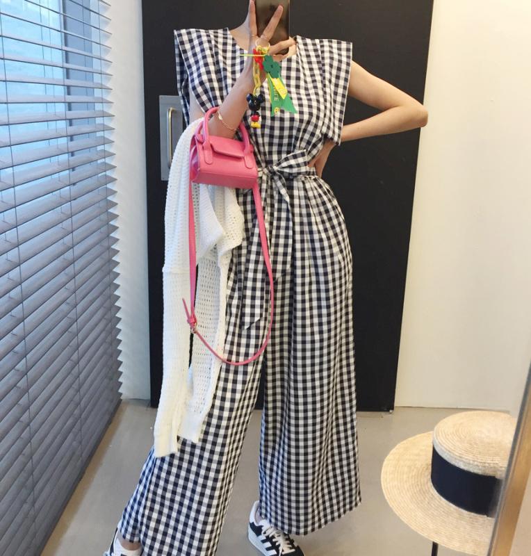 린 고방 체크 나시 캡소매 허리끈 여름 와이드 롱 점프수트