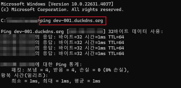 도메인 등록 후 ping 테스트 화면