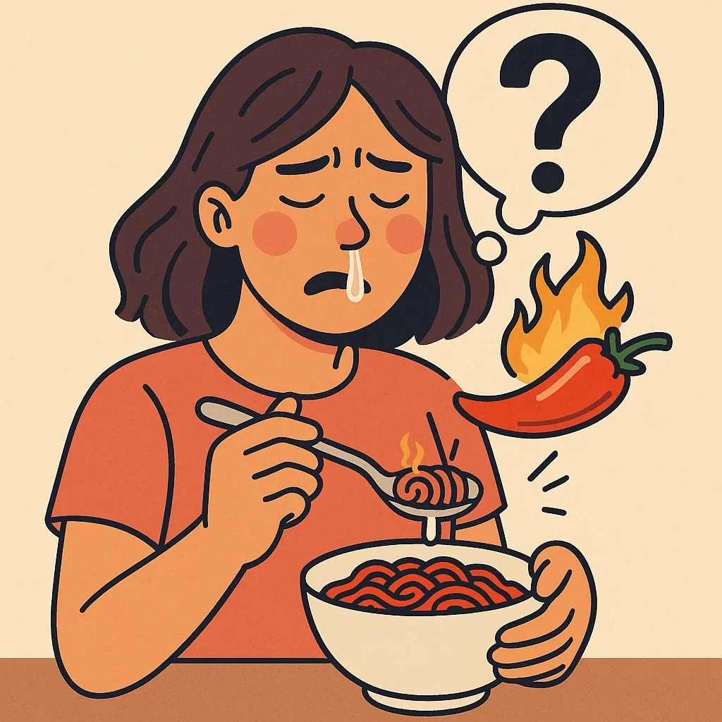 매운-음식을-먹고-콧물이-흘러나오는-여성이-당황한-표정을-짓고있는-일러스트로-불타는-고추와-질문-기호가-함께-표현됨