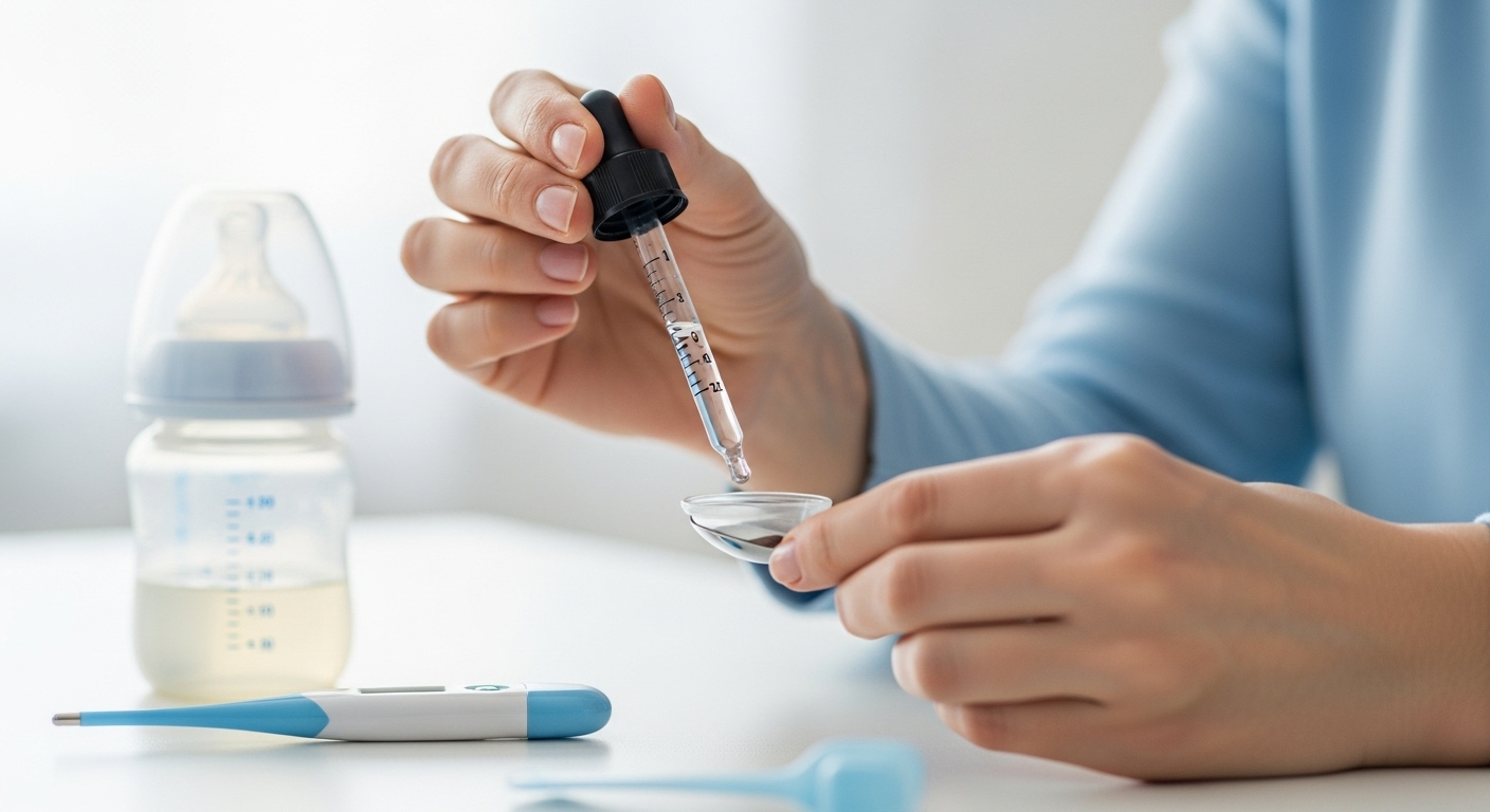 스포이드로 아기 감기약을 신중하게 재는 부모의 손. 배경에는 아기 젖병과 체온계가 보인다.