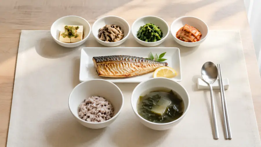 잡곡밥 소량, 구운 생선, 두부, 버섯과 데친 채소가 균형 있게 놓인 한국식 저녁 식탁