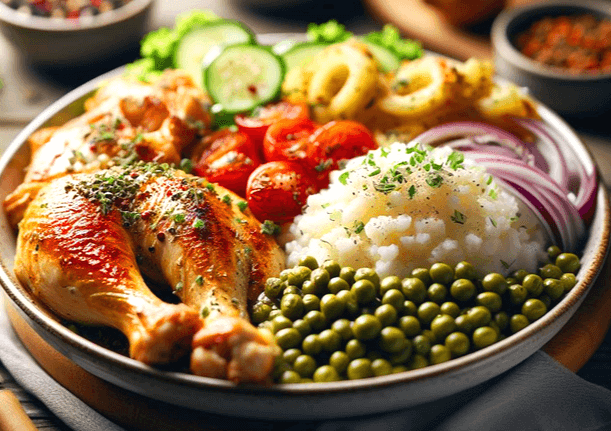 둥그런 쟁반 접시에 커다란 닭다리 2개와 흰밥, 완두콩, 방울토마토가 가득하다.