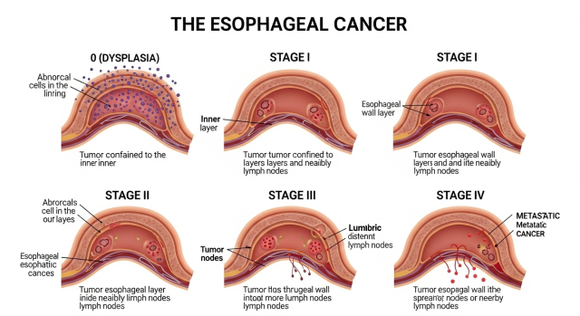 식도암의 초기, 중기, 말기 단계를 보여주는 그래픽