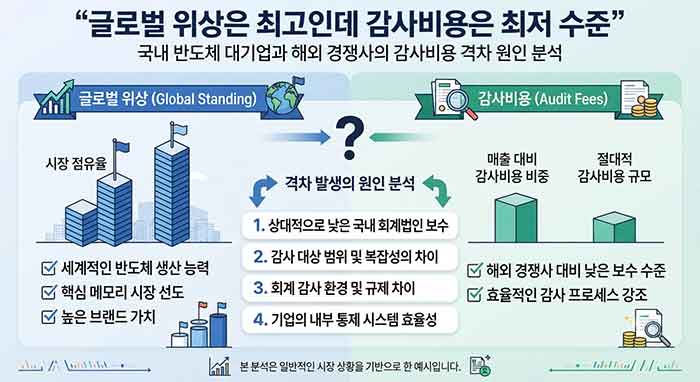 국내 반도체 대기업과 해외 경쟁사의 감사비용 격차 원인 인포그래픽.