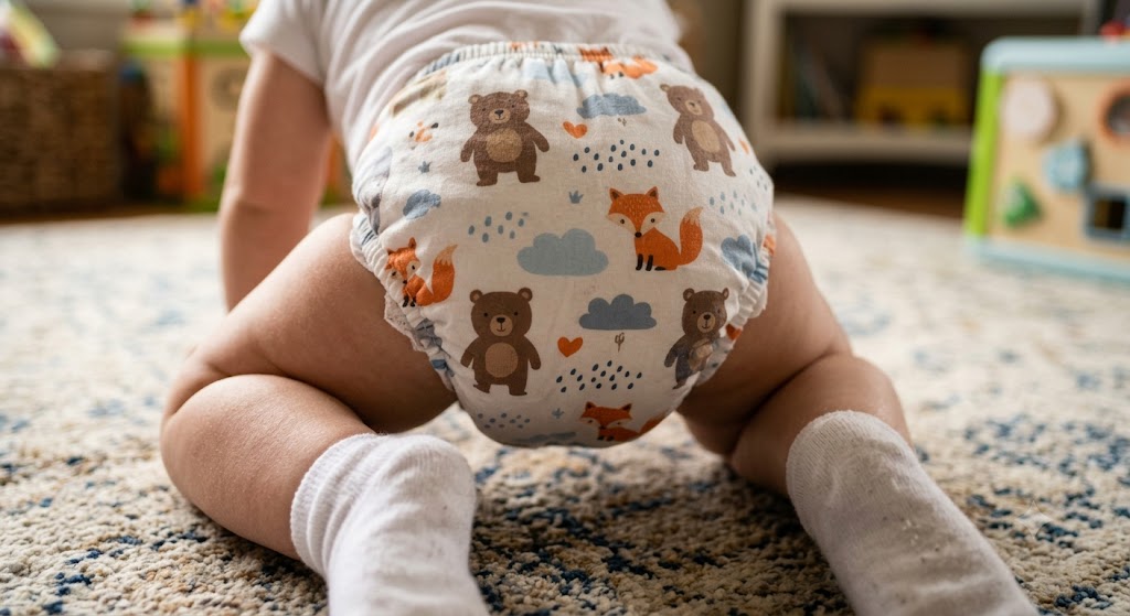 기어다니는 아기의 기저귀찬 엉덩이 뒷모습 이미지