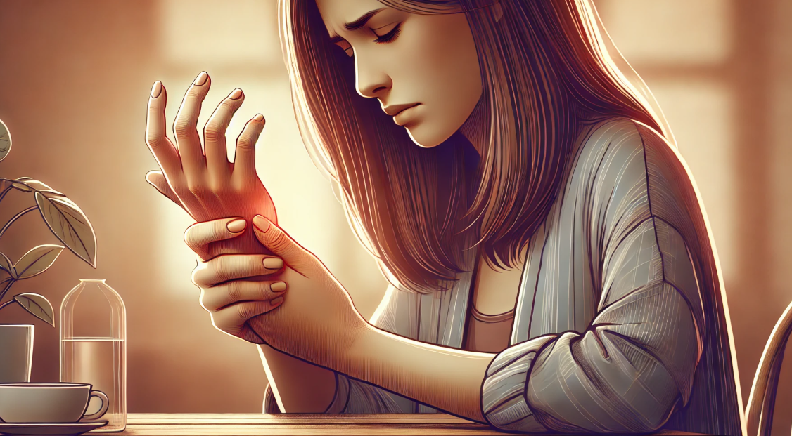 손가락 관절이 아파서 힘들어 하는 여자 사진