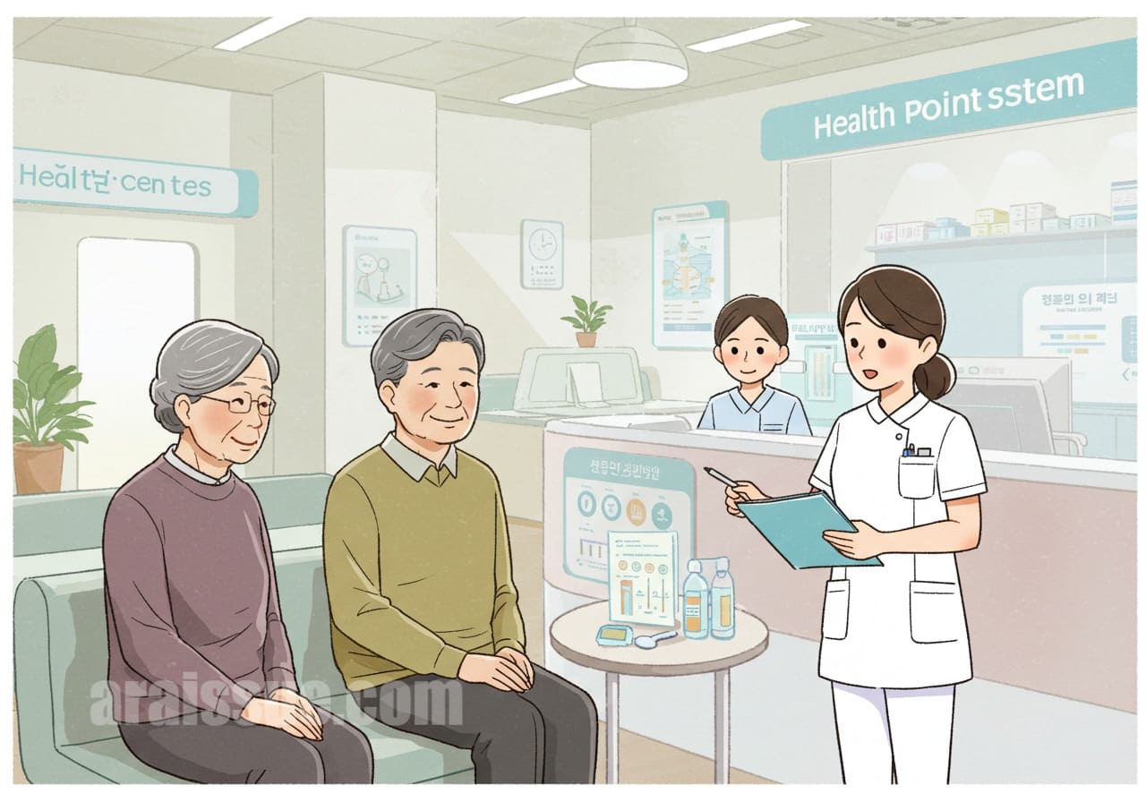 한국의 중년 남녀가 현대적인 보건소에서 건강포인트 제도에 대해 간호사와 상담하는 장면입니다. 밝고 깨끗한 환경에서 진지하게 대화하는 모습입니다.