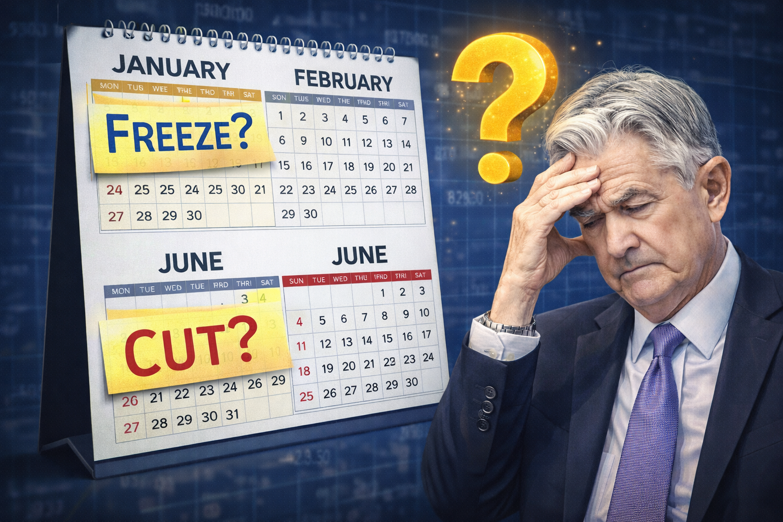 A calendar showing January marked with 'Freeze' and June with 'Cut', with a question mark over Powell.