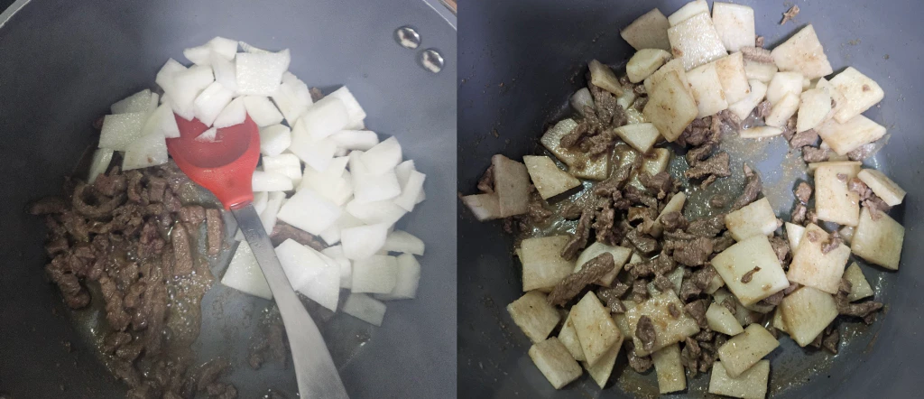 매콤소고기국-소고기에 무를 넣고 같이 볶기