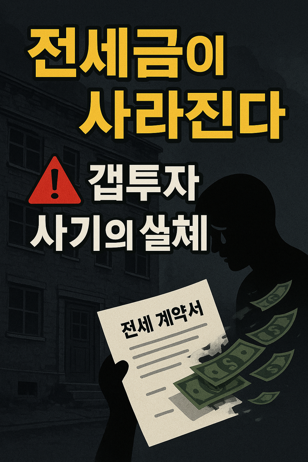 전세 계약서를 들고 있는 세입자가 갭투자 사기로 전세금을 잃고 눈물을 흘리는 장면