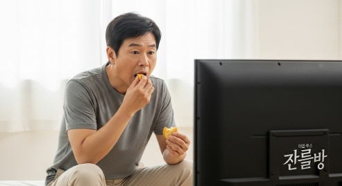 드라마를 보며 간식을 먹는 중년 남성