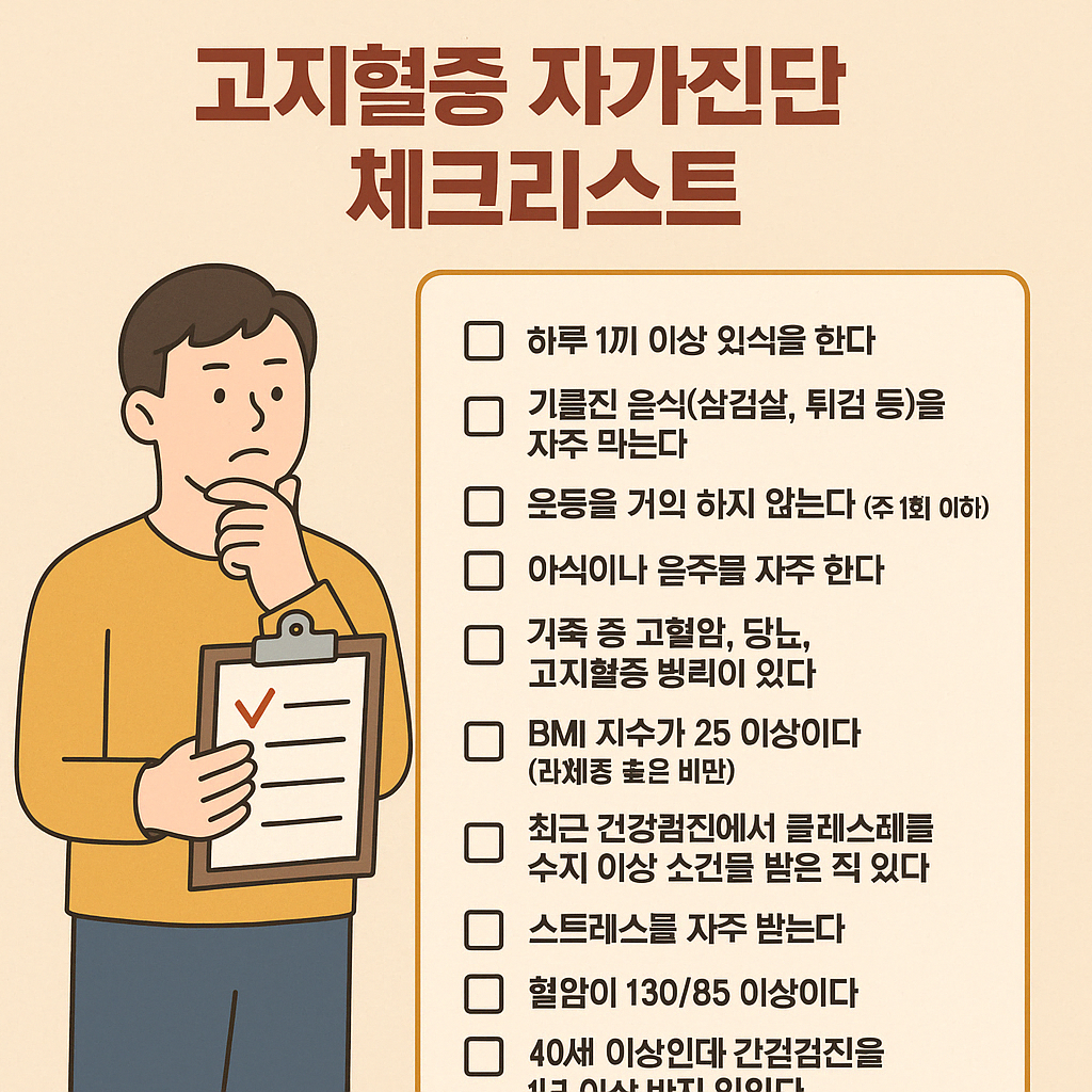 "고지혈증 위험을 판단하기 위한 자가진단 체크리스트 인포그래픽. 생각에 잠긴 남성이 클립보드를 들고 있으며, 옆에는 10가지 항목의 생활습관 체크리스트가 정리되어 있다."