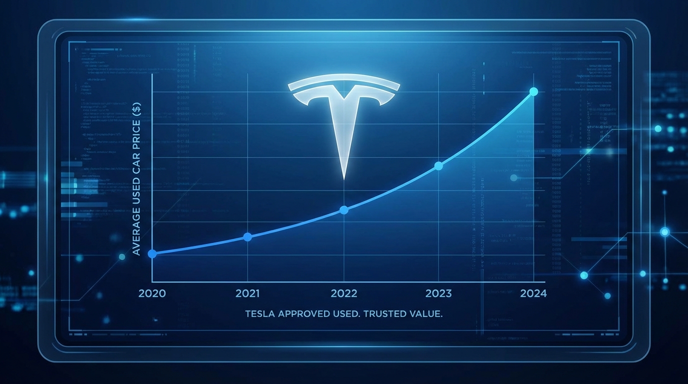 신차 가격 인상으로 인해 중고 테슬라의 가치가 보존되는 현상을 보여주는 그래프